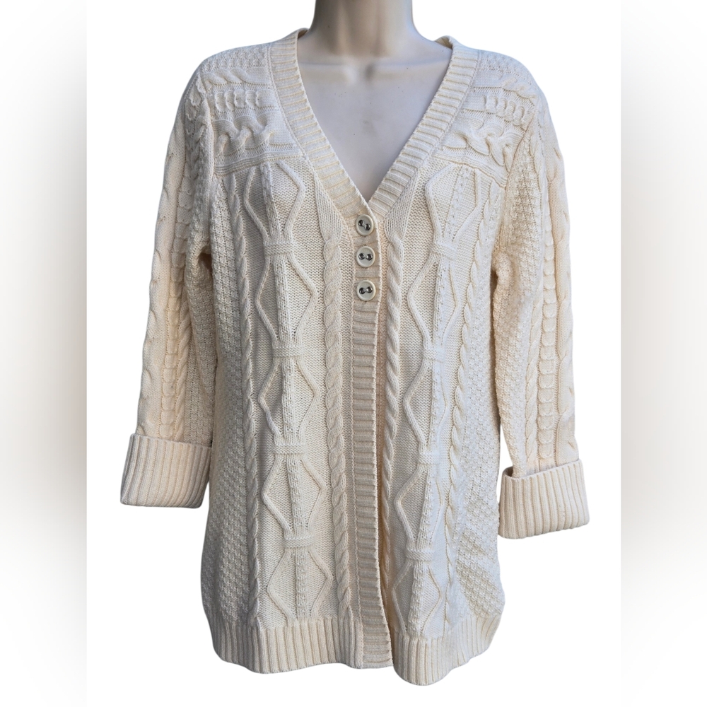 DKNY Women's Cream Cable Knit Sweater 3 Button Sweater. Sz L
